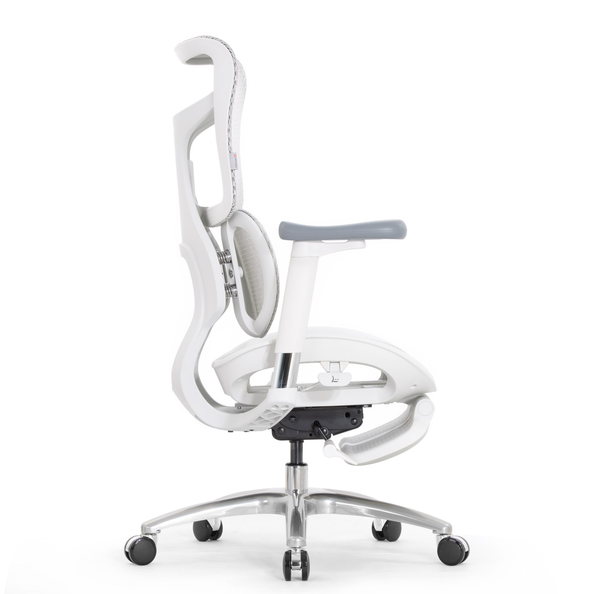 Эргономичное кресло Falto Scala Office с подножкой (разделённый поясничный упор, сетка, каркас белый, серый)