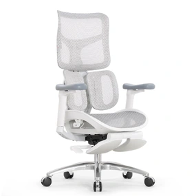 Эргономичное кресло Falto Scala Office с подножкой (разделённый поясничный упор, сетка, каркас белый, серый)